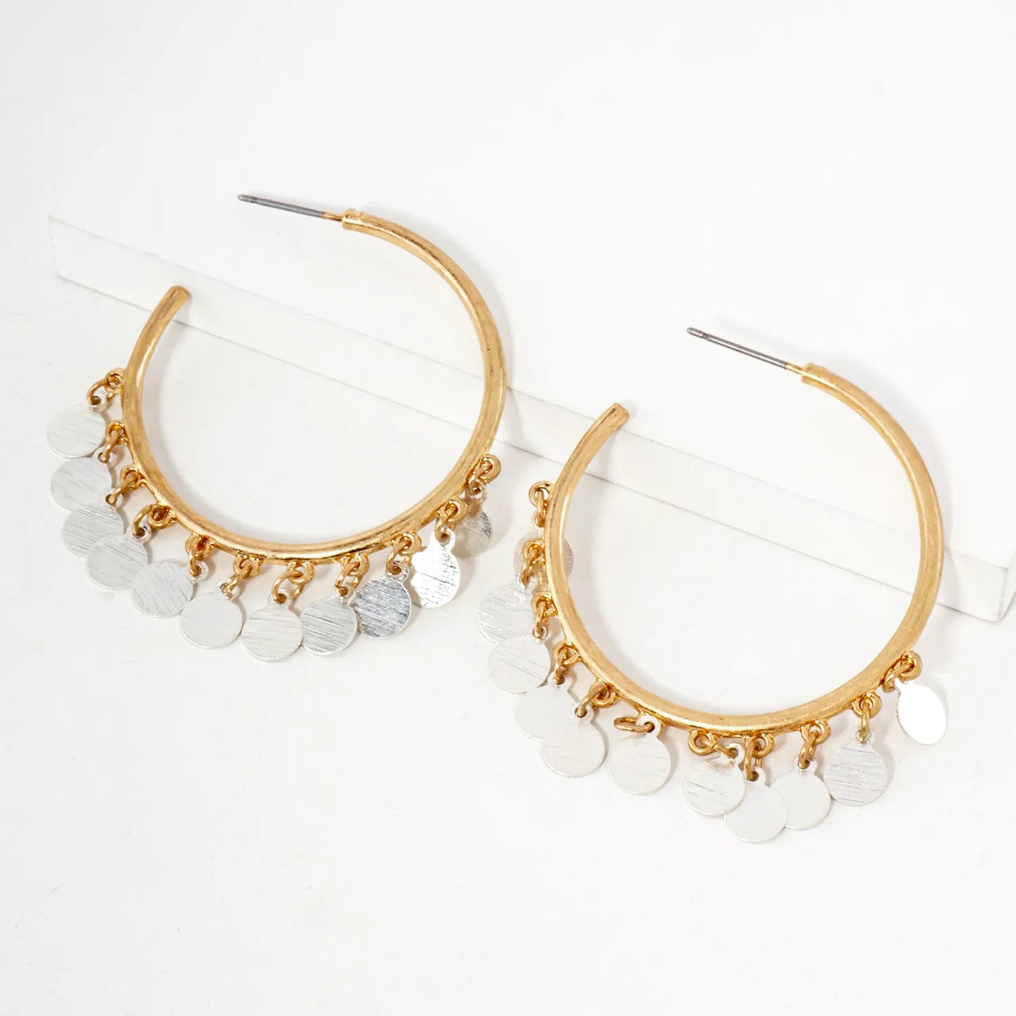 Brushed-Texture Disc Drop 40mm Open Hoop Earrings