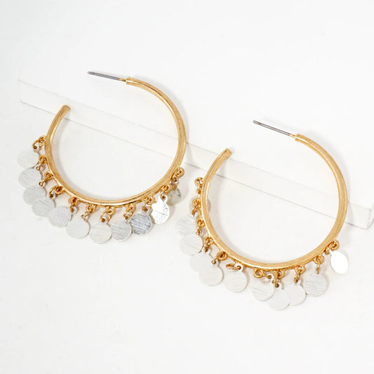 Brushed-Texture Disc Drop 40mm Open Hoop Earrings