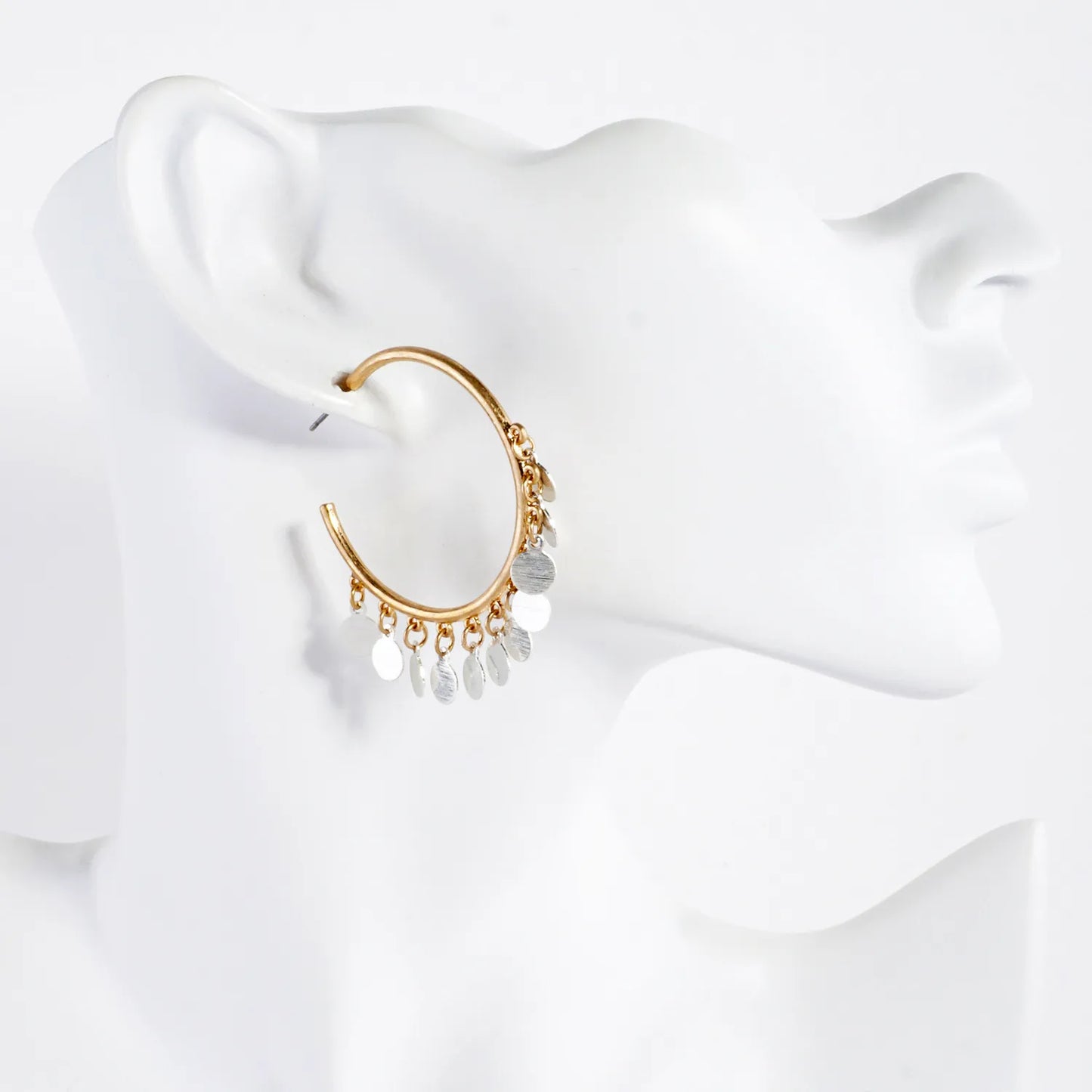 Brushed-Texture Disc Drop 40mm Open Hoop Earrings