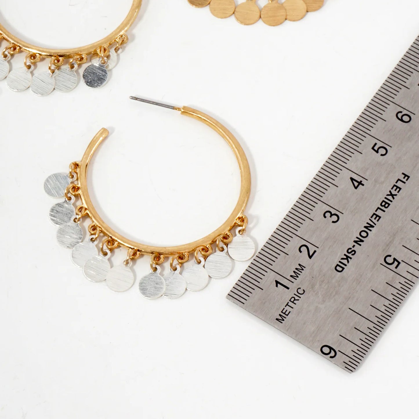 Brushed-Texture Disc Drop 40mm Open Hoop Earrings