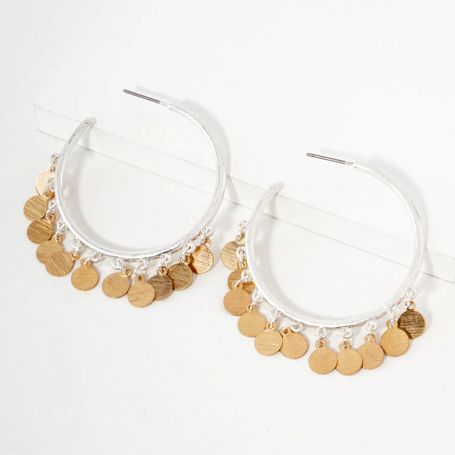 Brushed-Texture Disc Drop 40mm Open Hoop Earrings