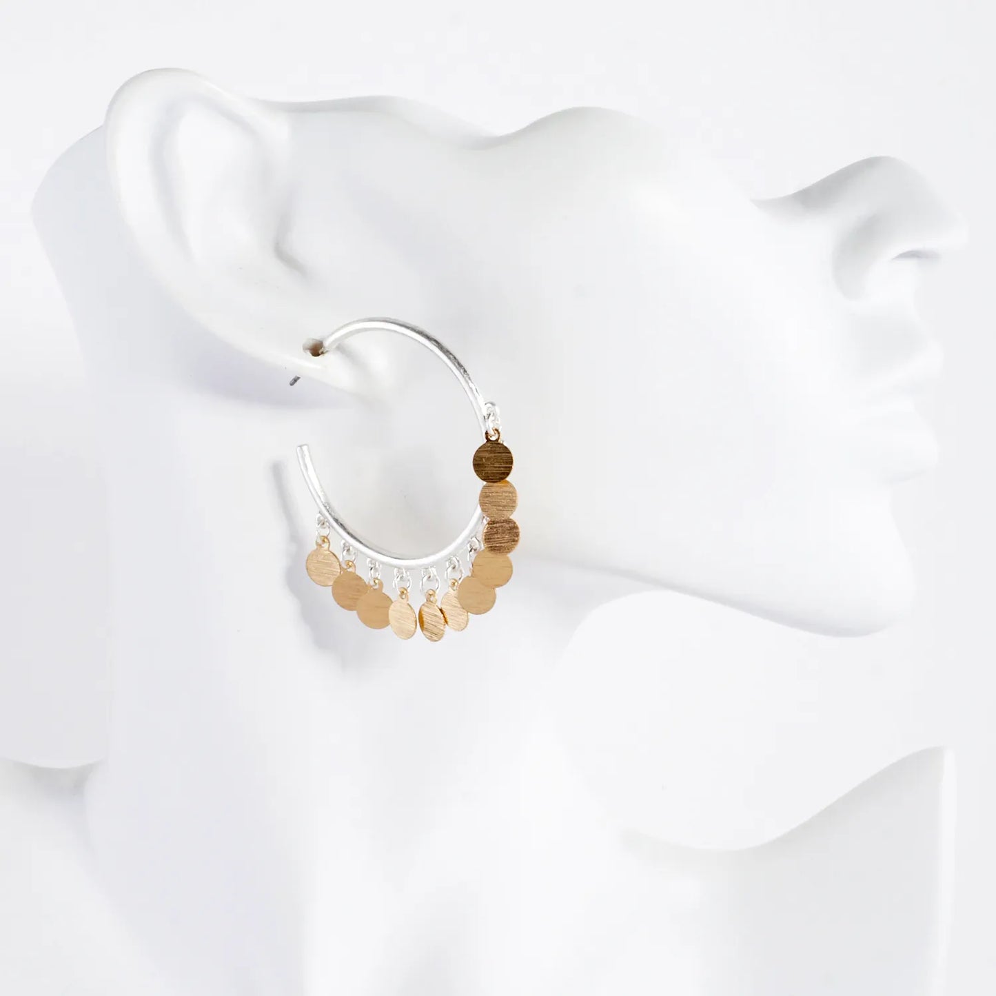 Brushed-Texture Disc Drop 40mm Open Hoop Earrings