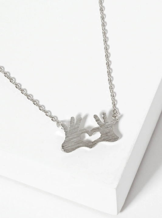 Brushed-Texture Finger Heart Pendant 18K-Gold-Dipped Necklace