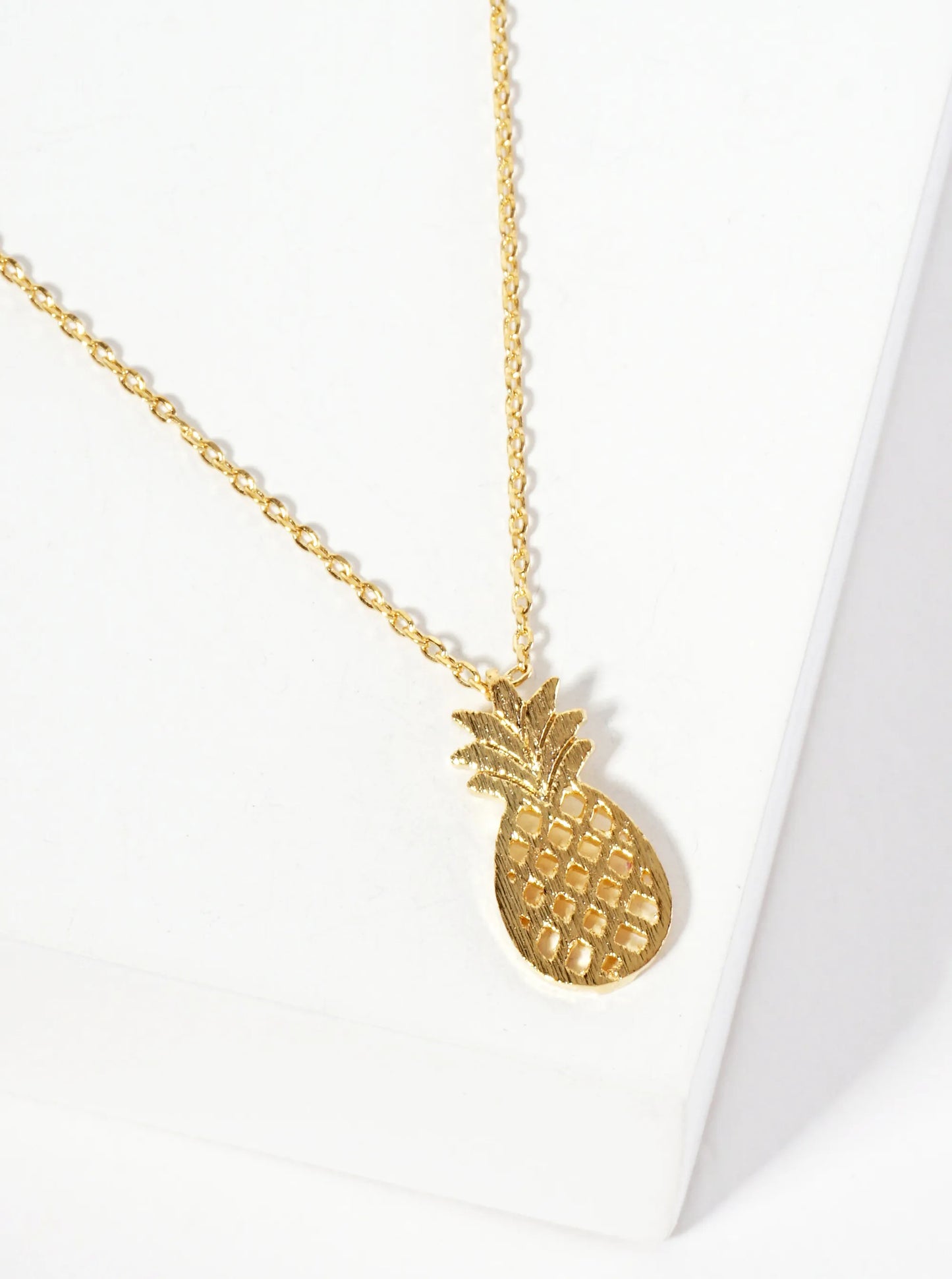 Brushed-Texture Flat Filigree Pineapple Pendant 18K-Gold-Dipped Necklace