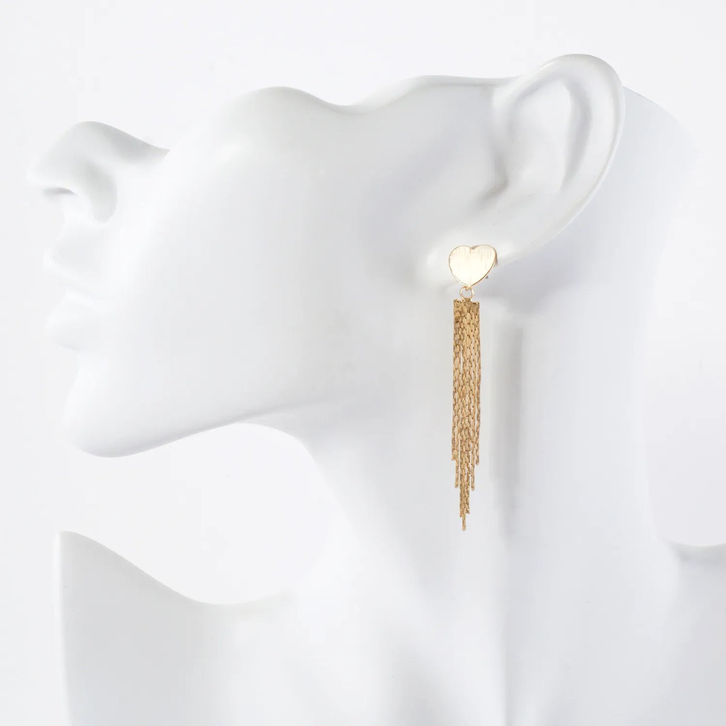Brushed-Texture Heart Post Polished Chain Tassel Drop Earrings