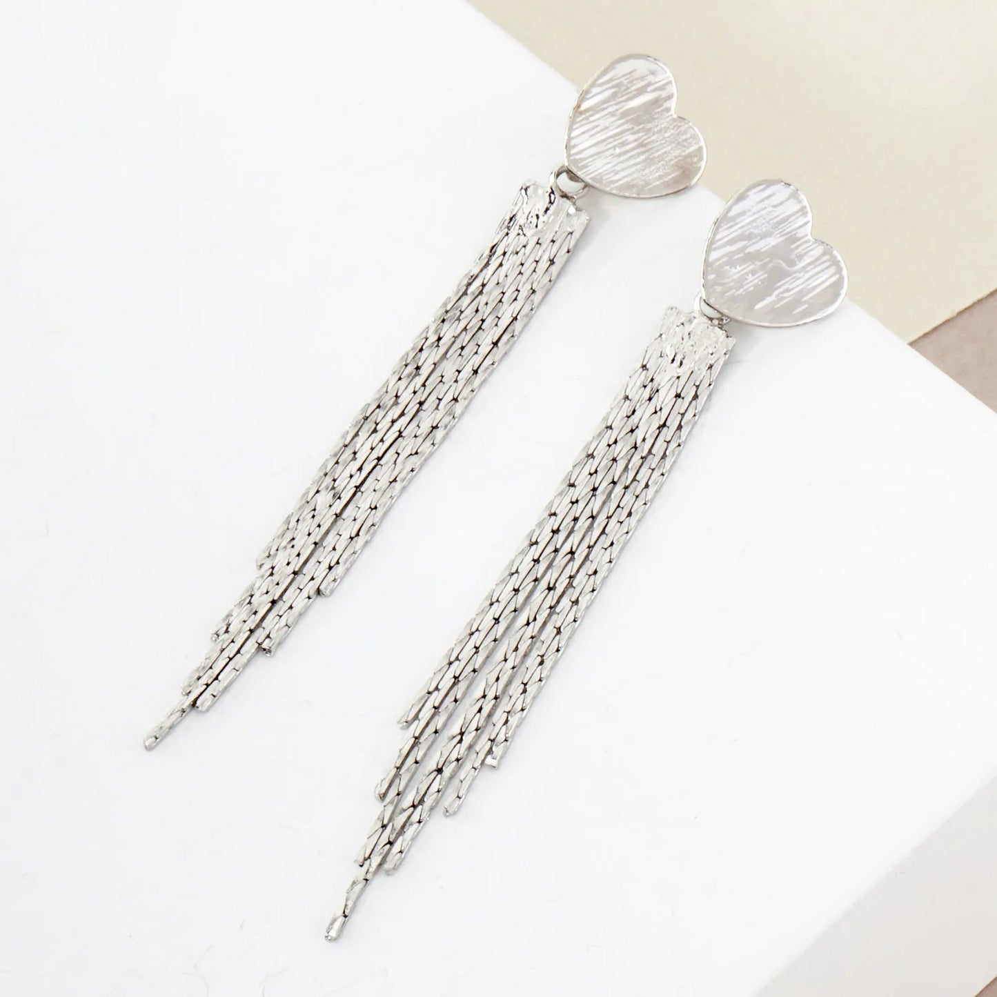 Brushed-Texture Heart Post Polished Chain Tassel Drop Earrings