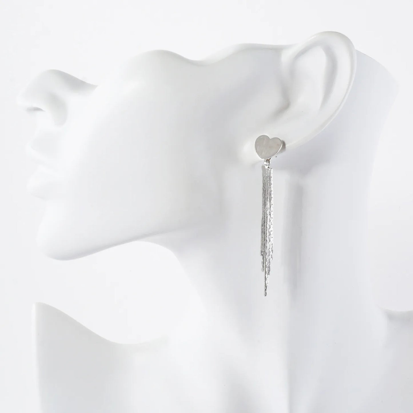 Brushed-Texture Heart Post Polished Chain Tassel Drop Earrings