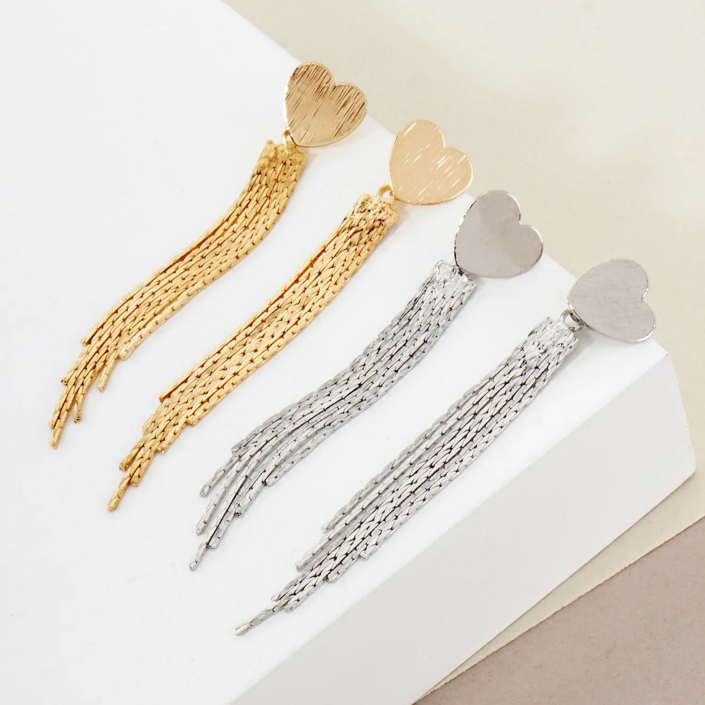 Brushed-Texture Heart Post Polished Chain Tassel Drop Earrings