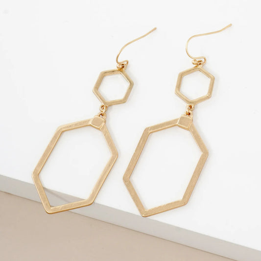 Brushed-Texture Metal Double Hexagon Drop Geometric Earrings