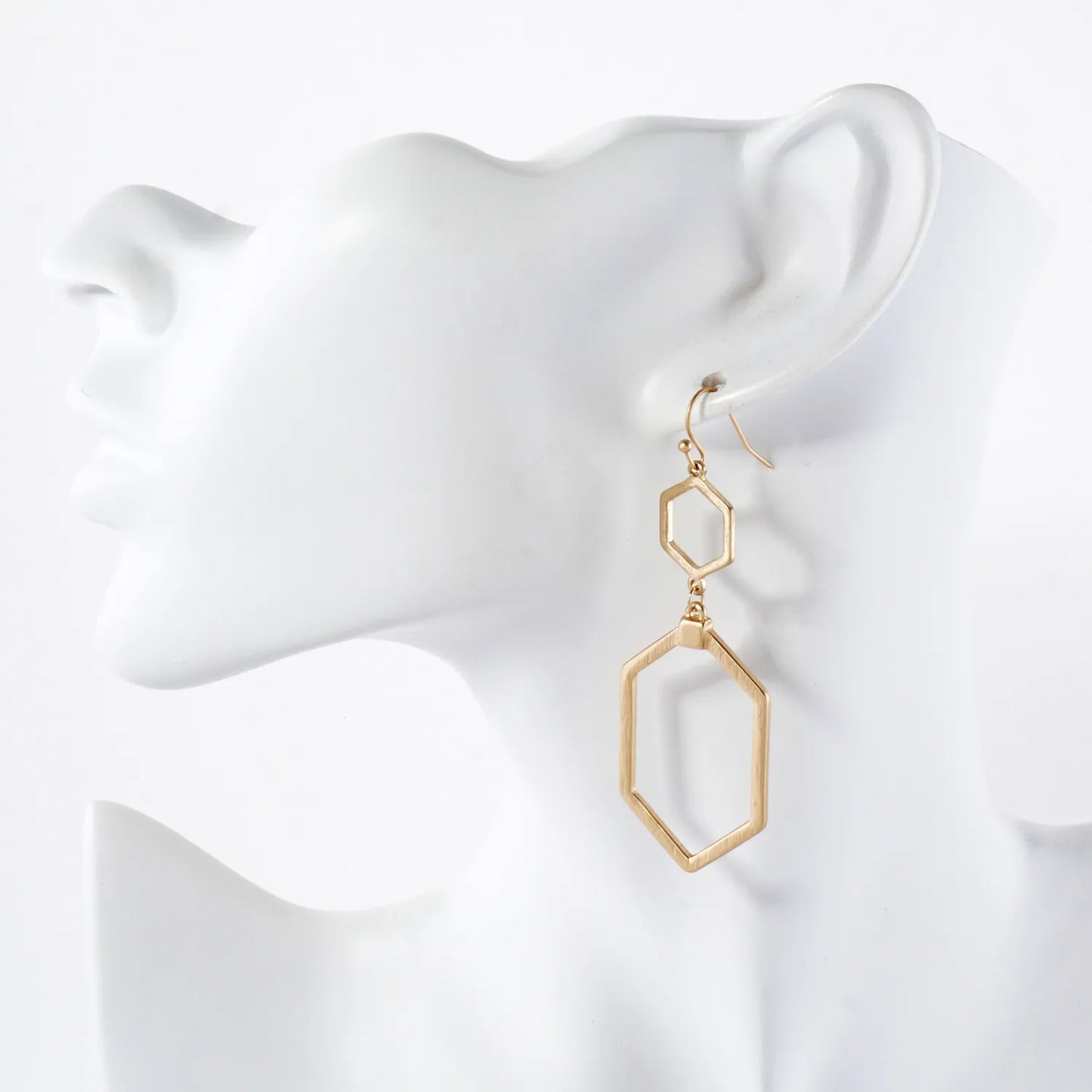 Brushed-Texture Metal Double Hexagon Drop Geometric Earrings
