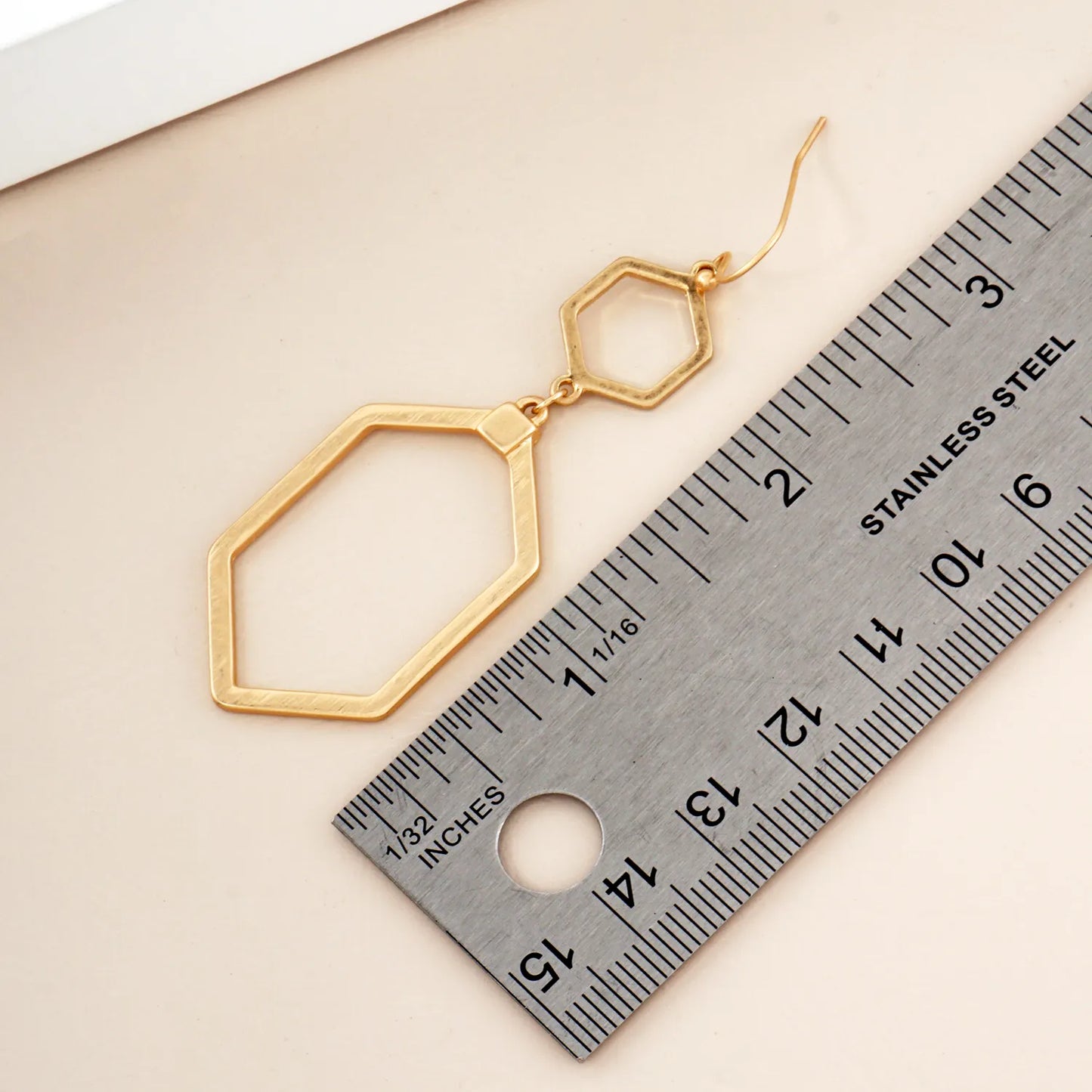 Brushed-Texture Metal Double Hexagon Drop Geometric Earrings