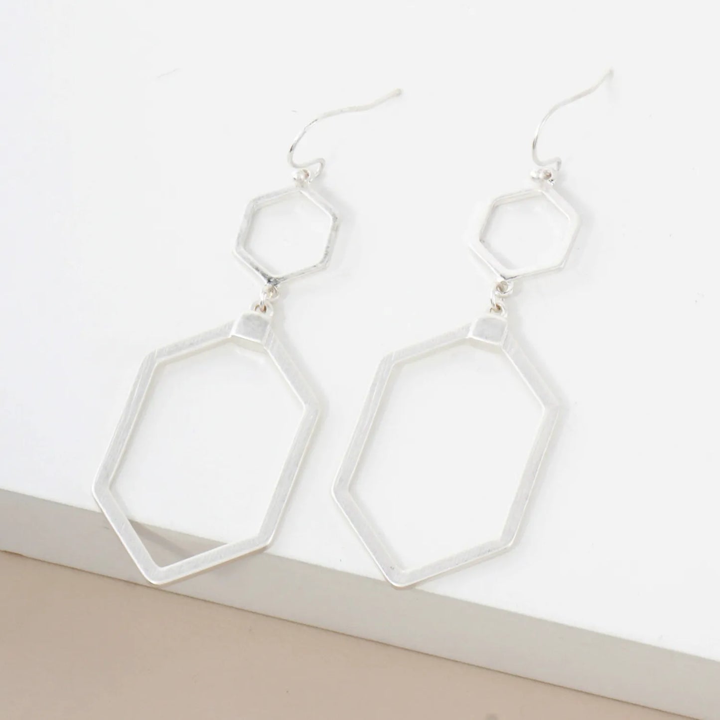 Brushed-Texture Metal Double Hexagon Drop Geometric Earrings