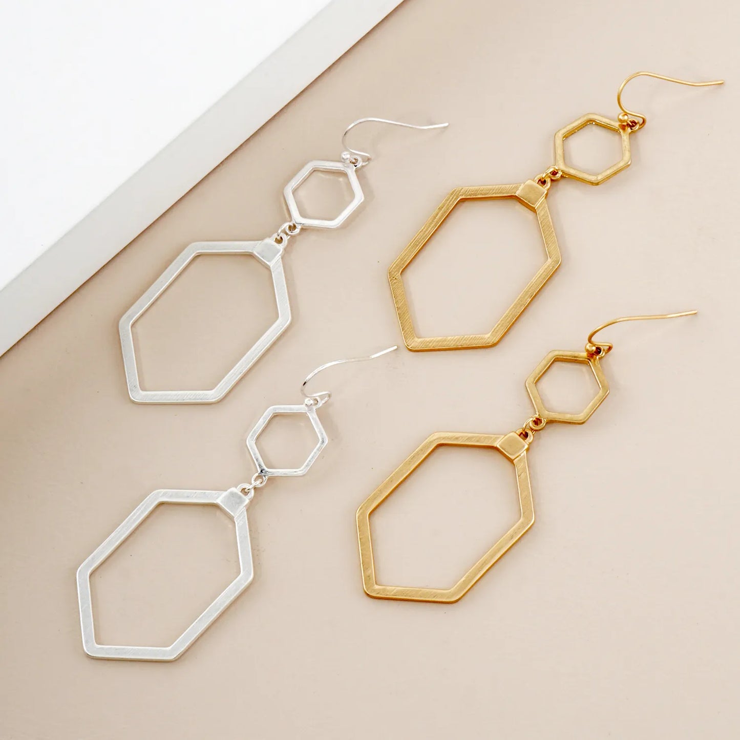 Brushed-Texture Metal Double Hexagon Drop Geometric Earrings