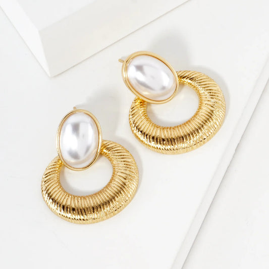 Brushed-Texture Oval Pearl Post 14K-Gold-Dipped Doorknocker Earrings
