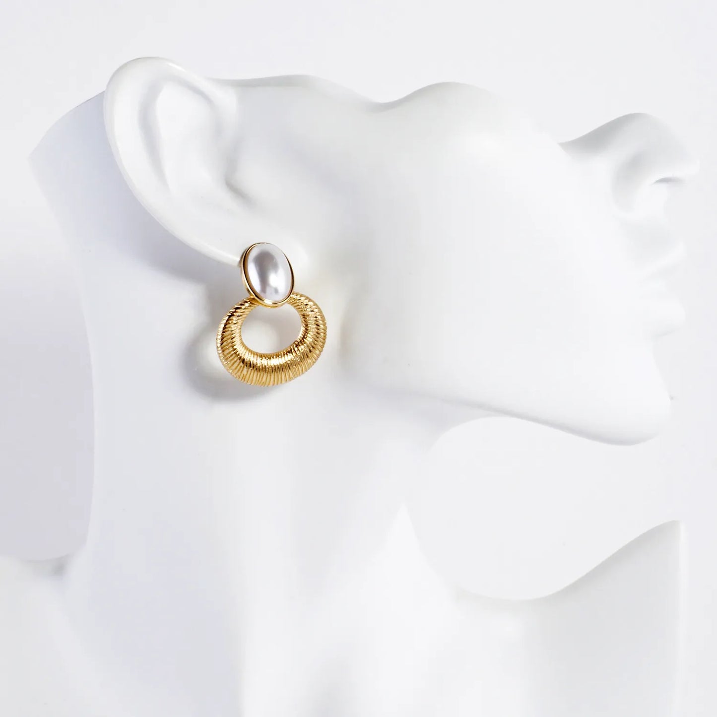 Brushed-Texture Oval Pearl Post 14K-Gold-Dipped Doorknocker Earrings