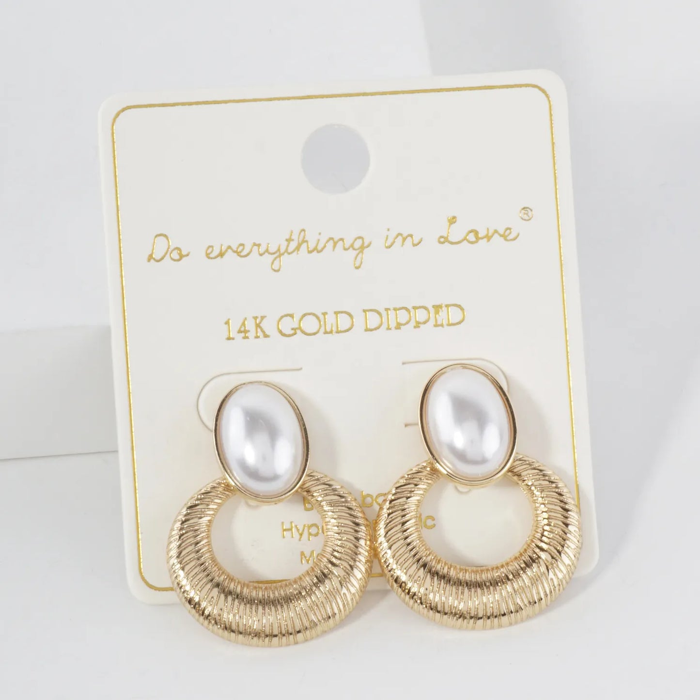 Brushed-Texture Oval Pearl Post 14K-Gold-Dipped Doorknocker Earrings