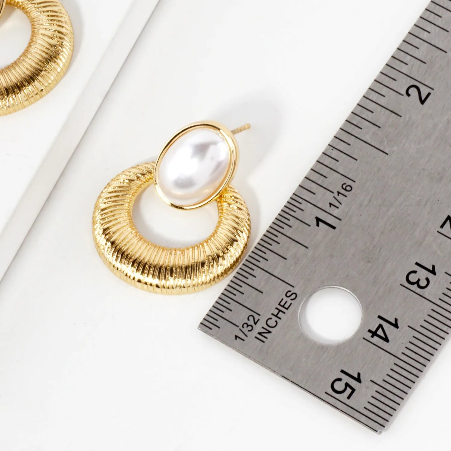 Brushed-Texture Oval Pearl Post 14K-Gold-Dipped Doorknocker Earrings