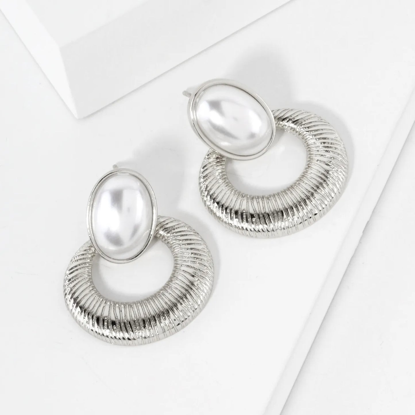 Brushed-Texture Oval Pearl Post 14K-Gold-Dipped Doorknocker Earrings
