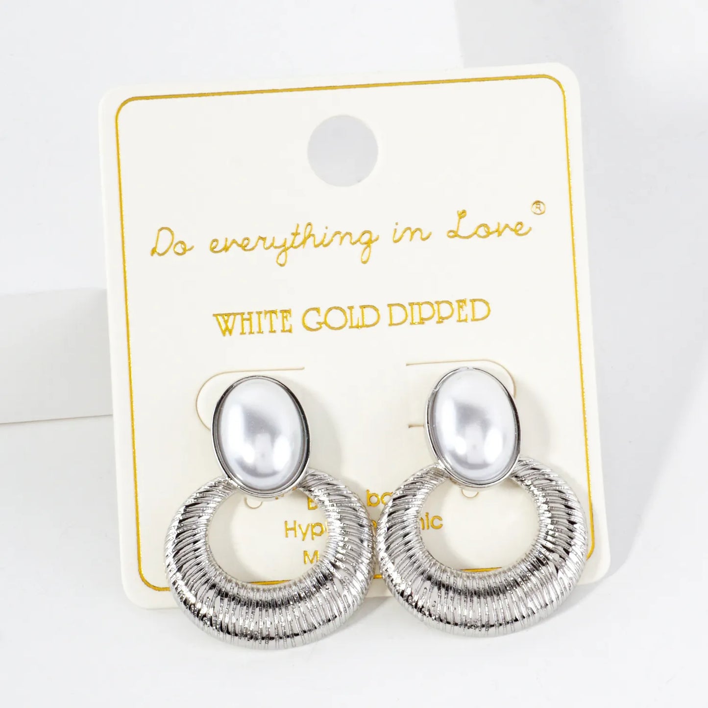 Brushed-Texture Oval Pearl Post 14K-Gold-Dipped Doorknocker Earrings