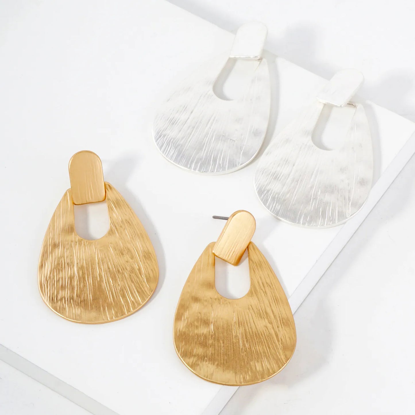 Brushed-Texture Teardrop Doorknocker Earrings