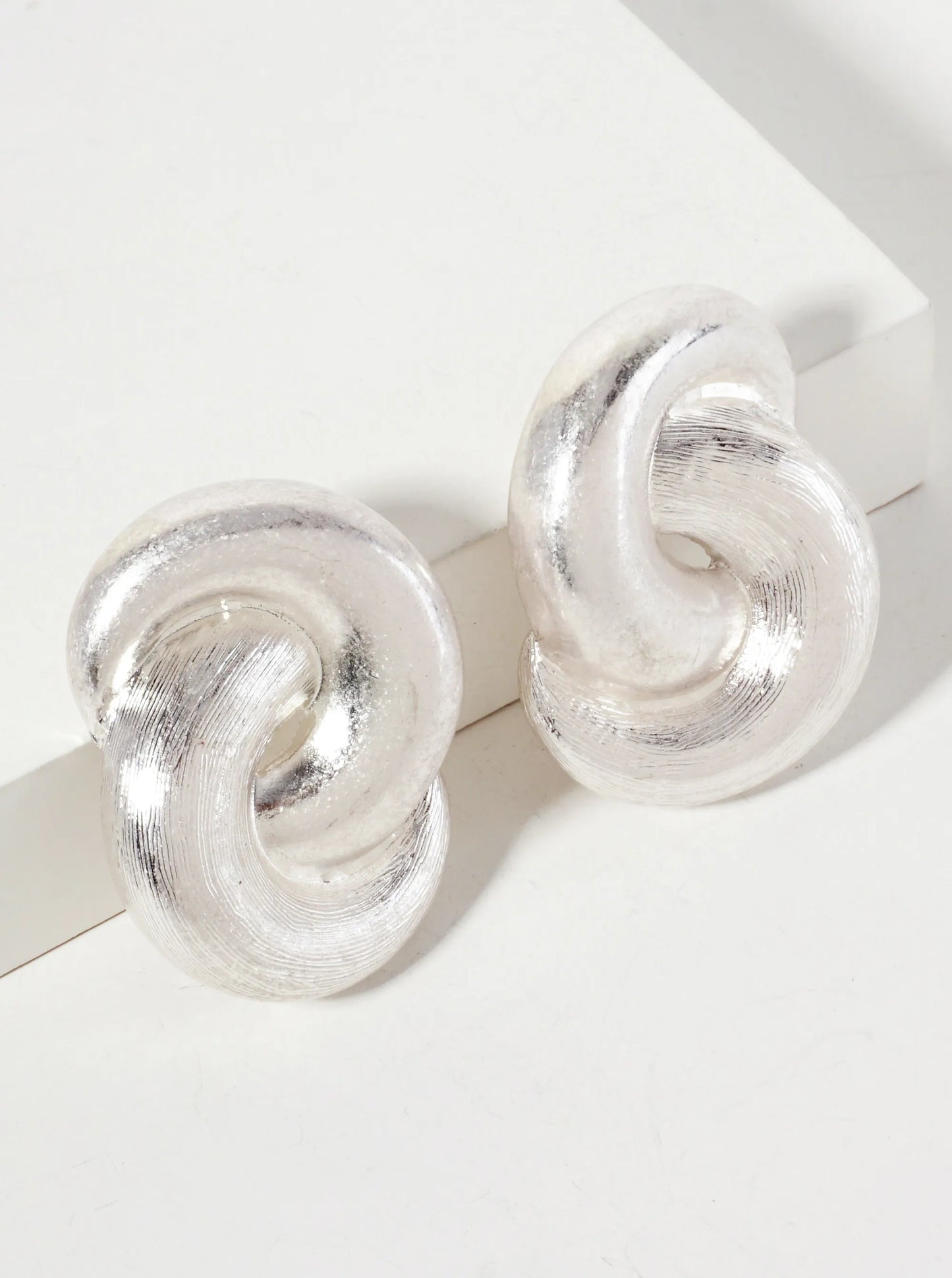 Brushed-Texture Two Interlocking C-Shapes Statement Earrings With-Titanium-Post