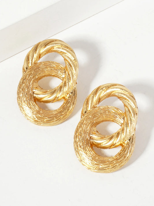 Brushed-Texture Two Interlocking Circles Post Earrings With-Titanium-Post