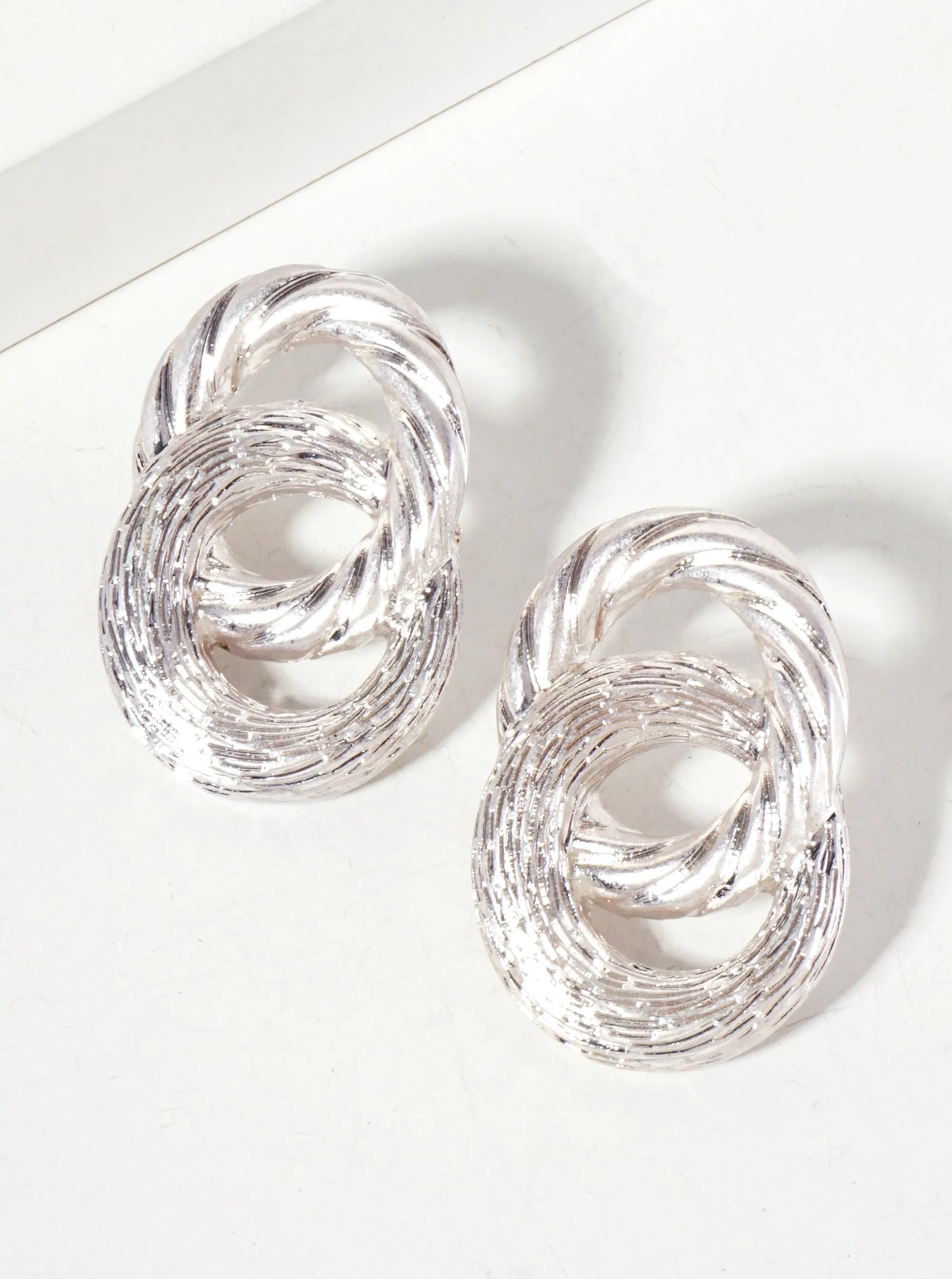Brushed-Texture Two Interlocking Circles Post Earrings With-Titanium-Post