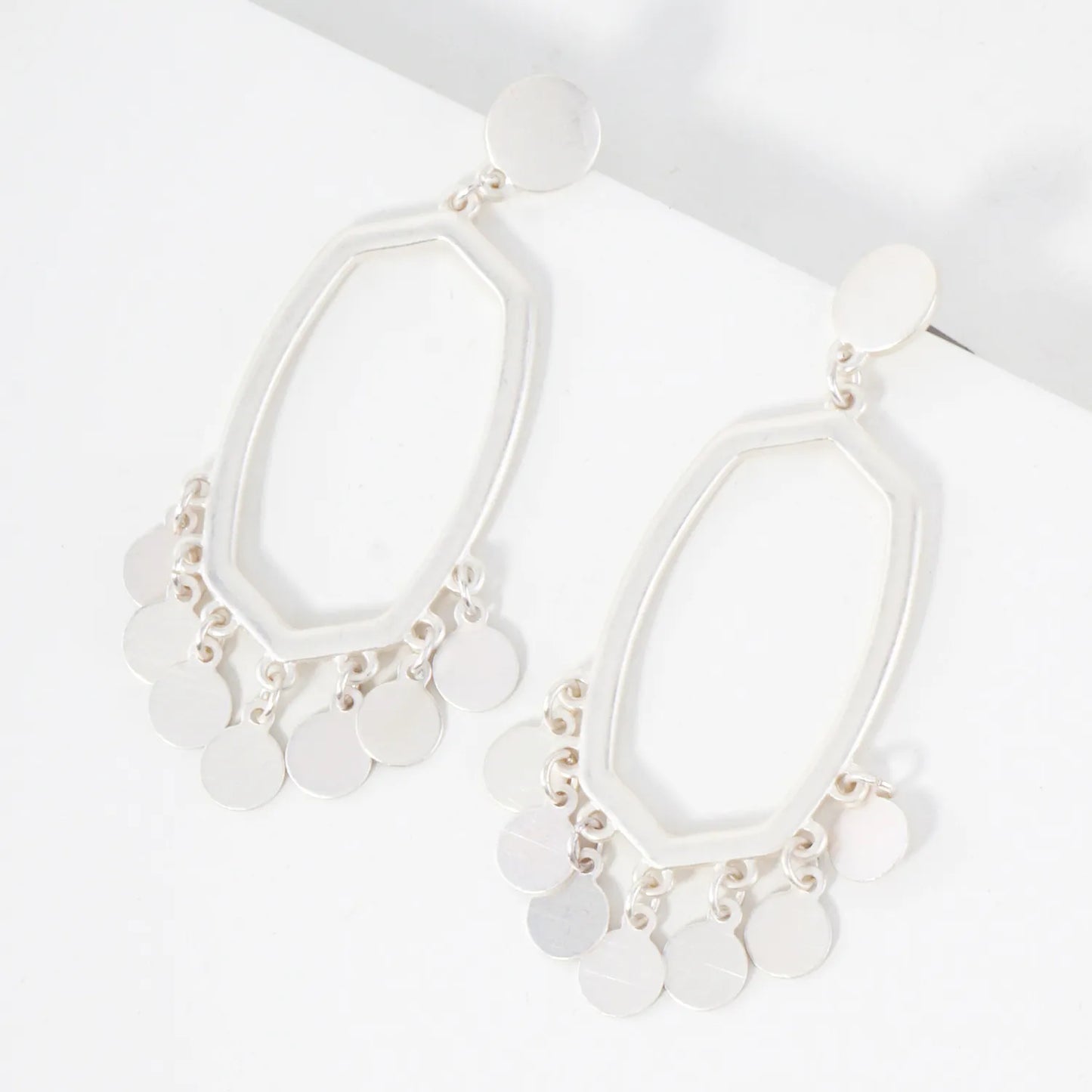 Brushed-Textured Charms Drop Elongated Hexagon Earrings