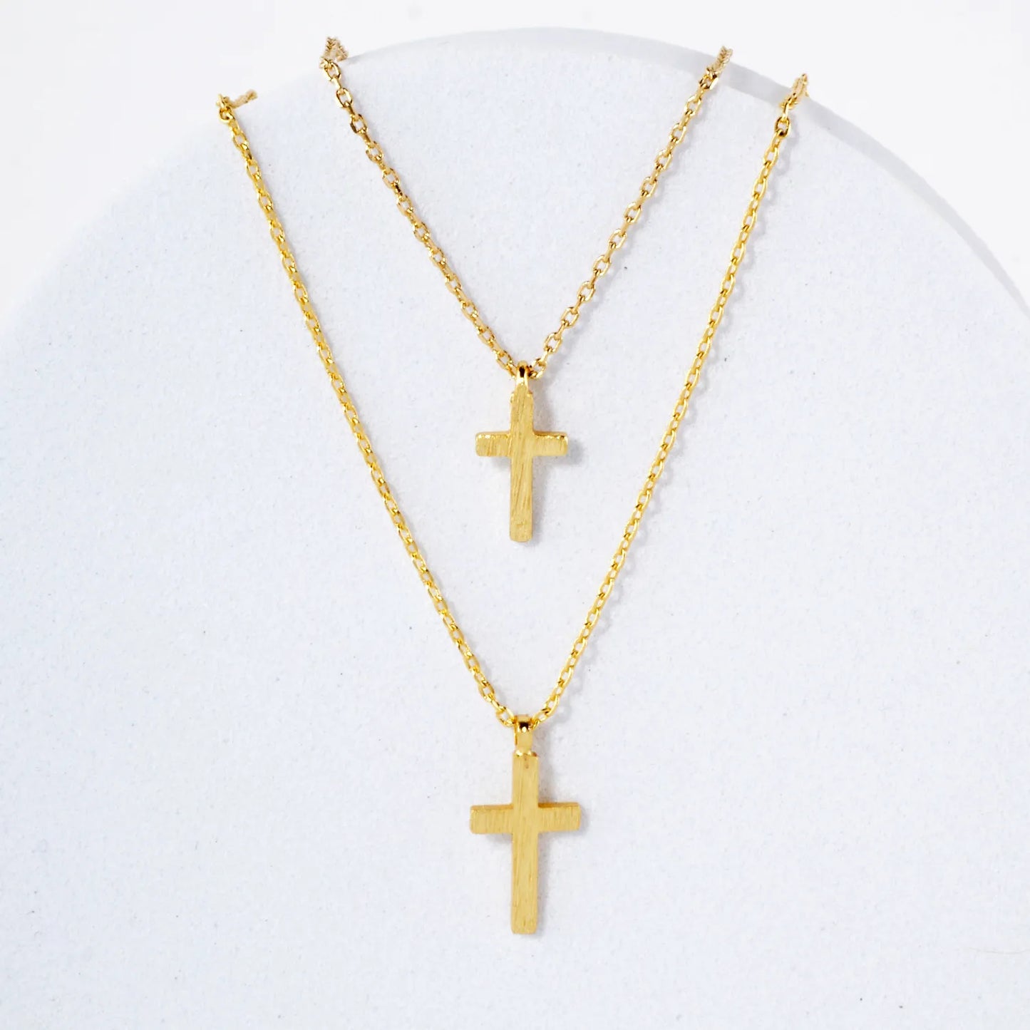 Brushed-Textured Double Cross Pendant 18K-Gold-Dipped Layered Necklace