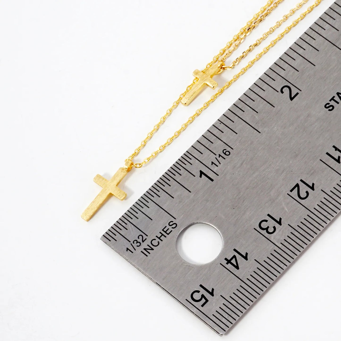 Brushed-Textured Double Cross Pendant 18K-Gold-Dipped Layered Necklace