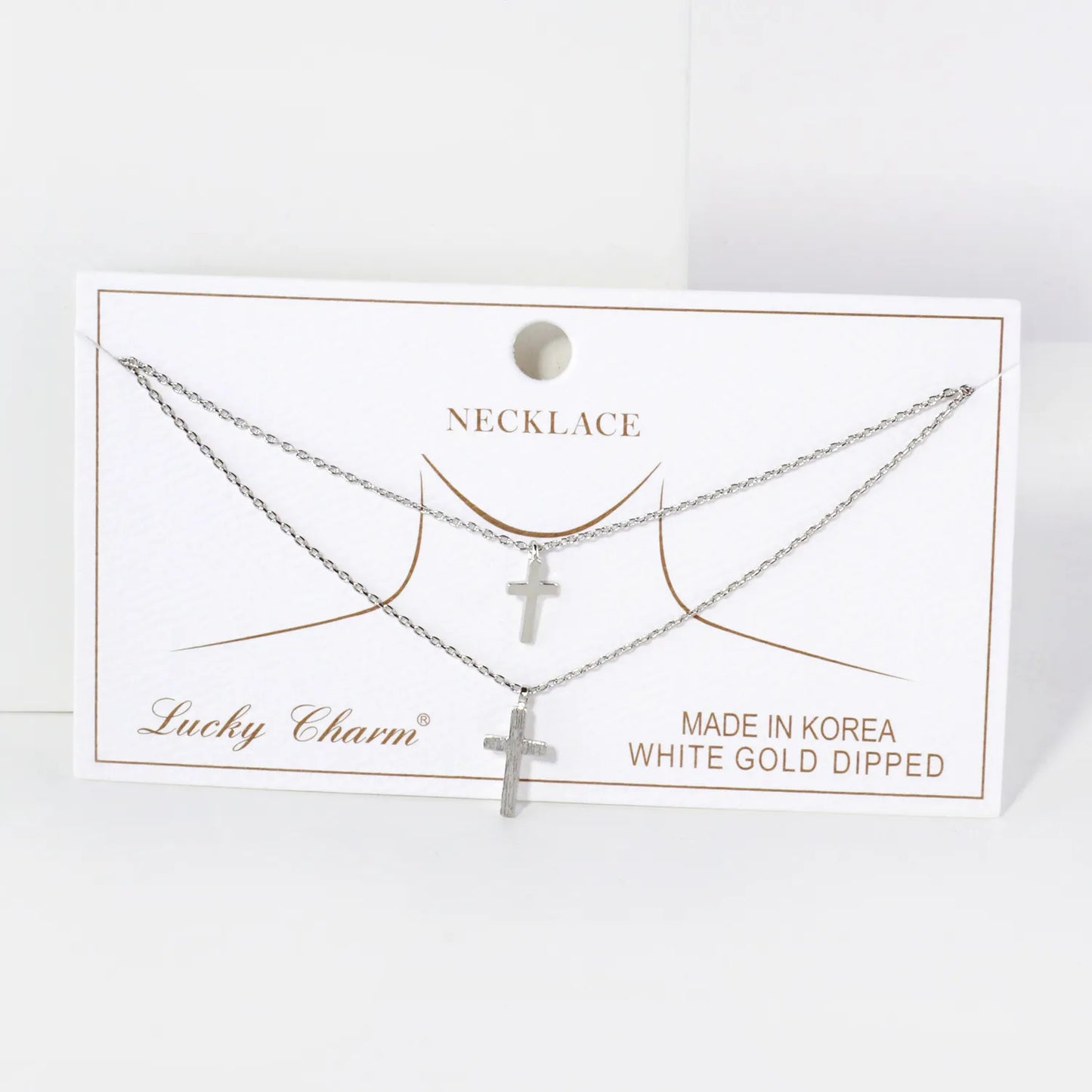 Brushed-Textured Double Cross Pendant 18K-Gold-Dipped Layered Necklace