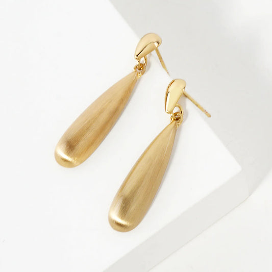 Brushed-Textured Double Teardrop 14K-Gold-Dipped Brass Dangle Earrings