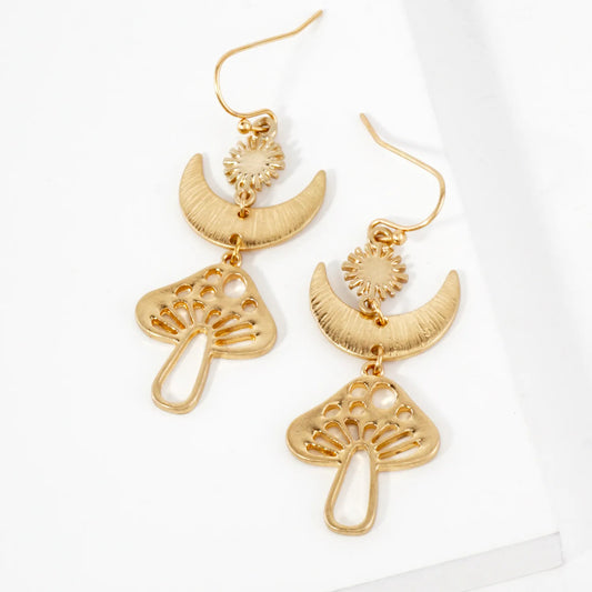 Brushed-Textured Mushroom Drop Celestial Earrings