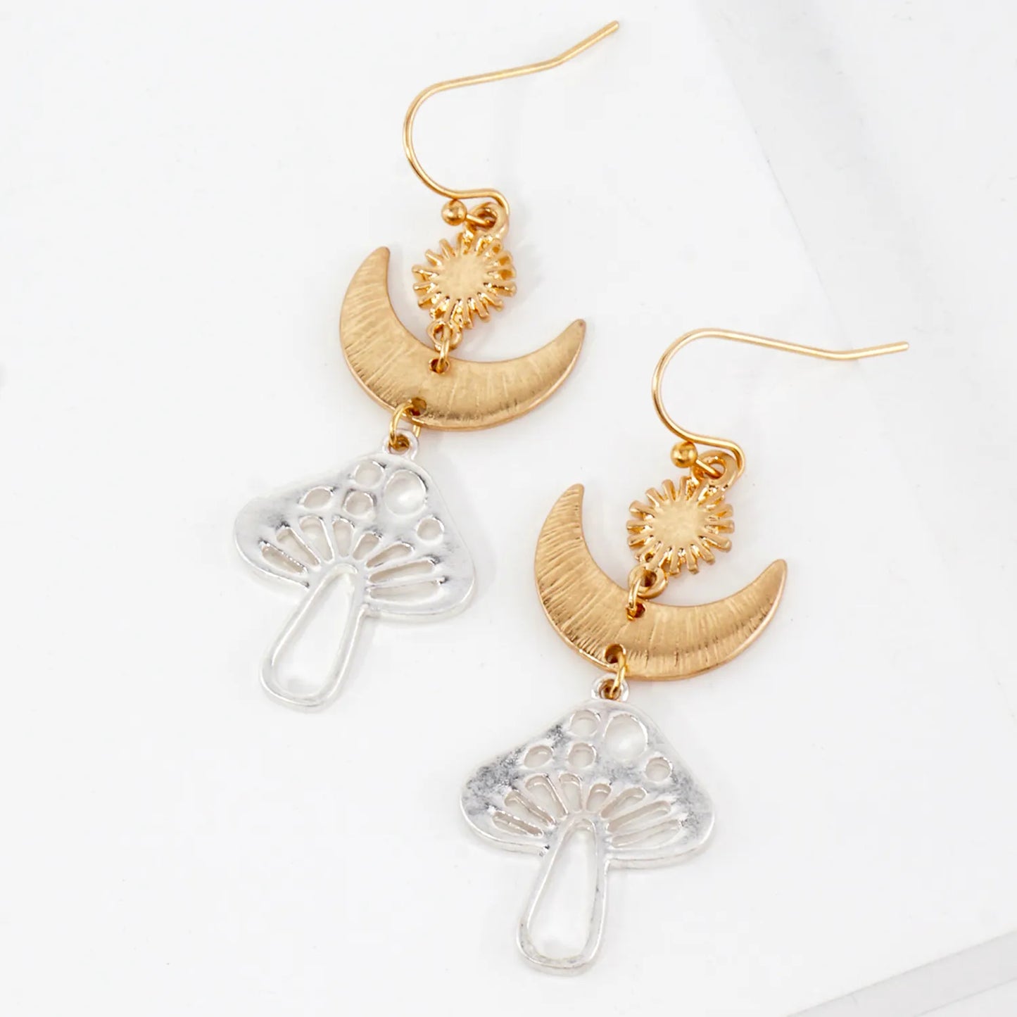 Brushed-Textured Mushroom Drop Celestial Earrings