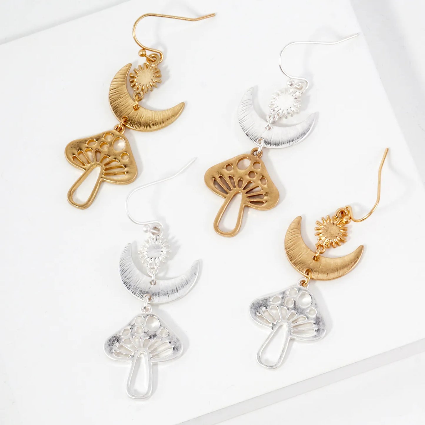 Brushed-Textured Mushroom Drop Celestial Earrings