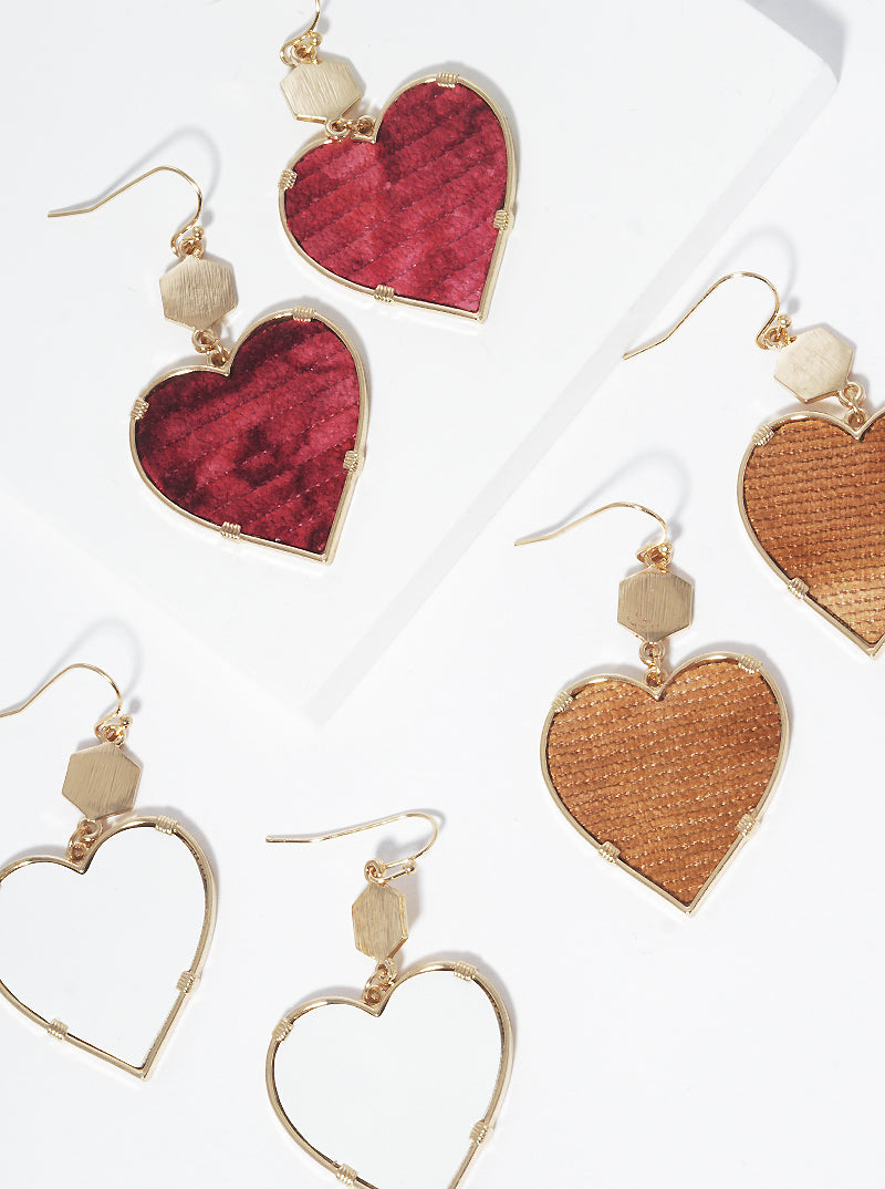 Brushed Hexagon Leatherette Heart Dangle Drop Earrings