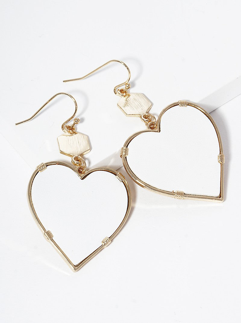 Brushed Hexagon Leatherette Heart Dangle Drop Earrings
