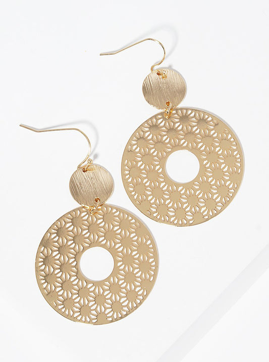 Brushed Metal Disc Color Coated Filigree Round Dangle Drop Earrings