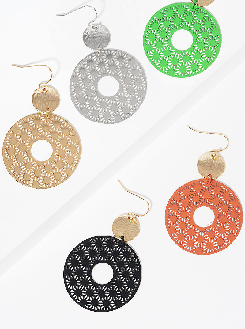 Brushed Metal Disc Color Coated Filigree Round Dangle Drop Earrings