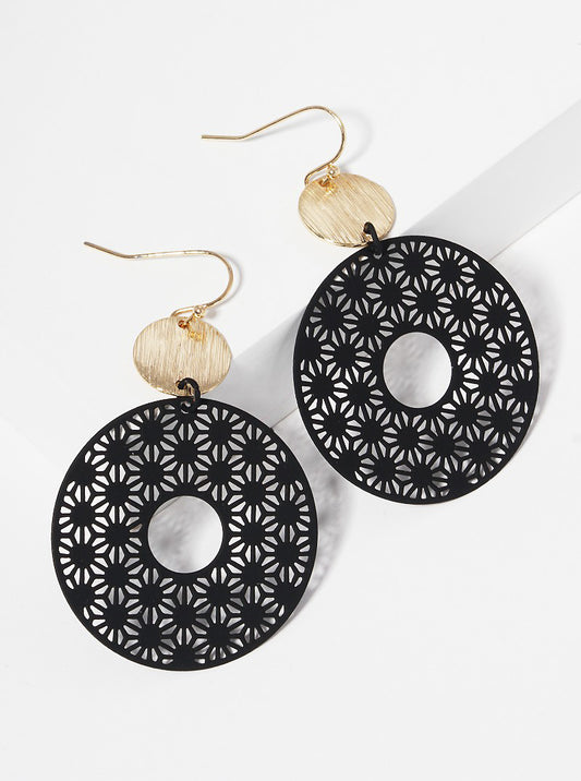 Brushed Metal Disc Color Coated Filigree Round Dangle Drop Earrings