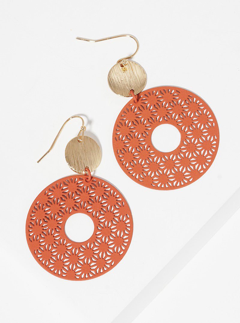 Brushed Metal Disc Color Coated Filigree Round Dangle Drop Earrings