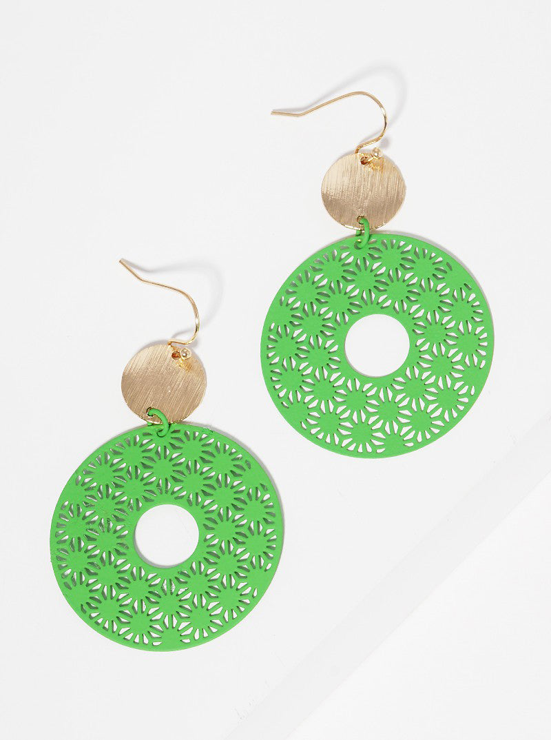 Brushed Metal Disc Color Coated Filigree Round Dangle Drop Earrings