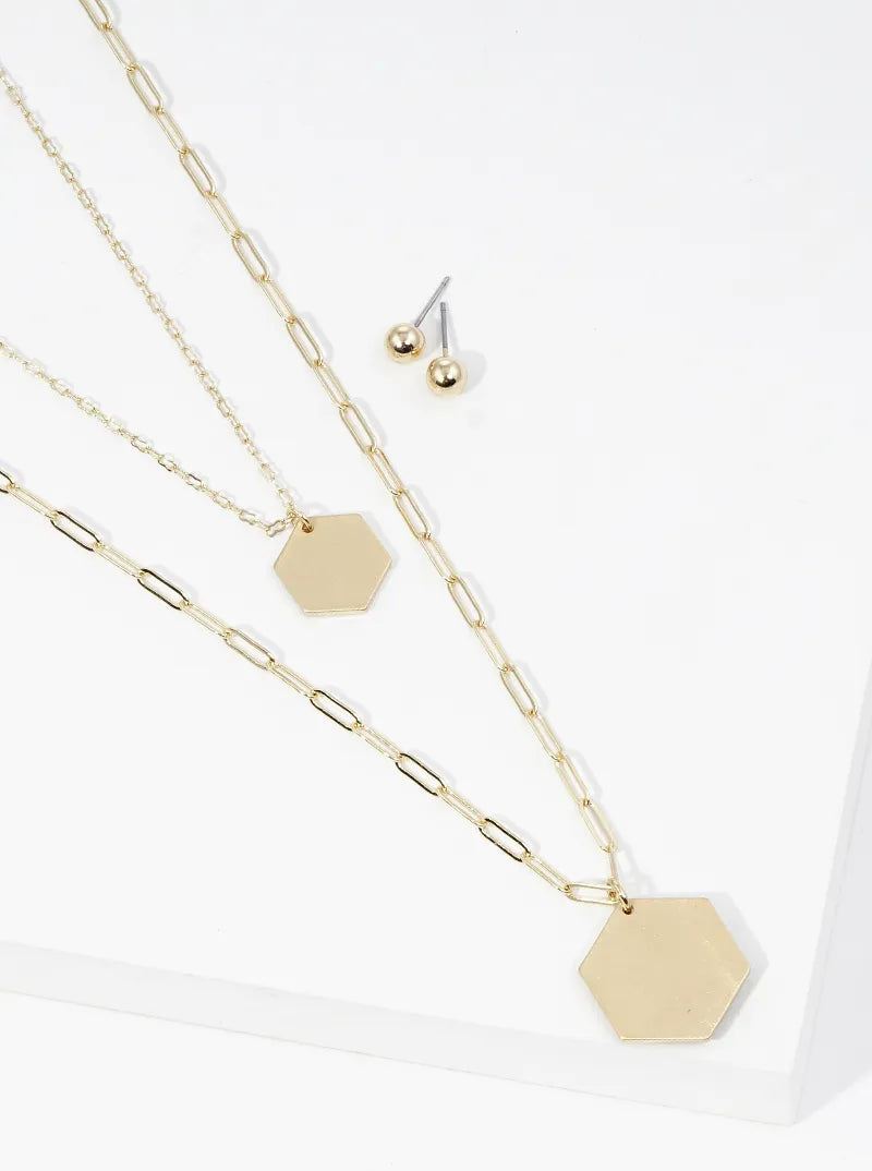 Brushed Metal Double Hexagon Pendant Long Layered Necklace Set With Earrings