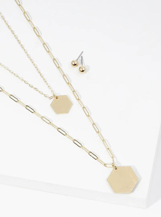 Brushed Metal Double Hexagon Pendant Long Layered Necklace Set With Earrings