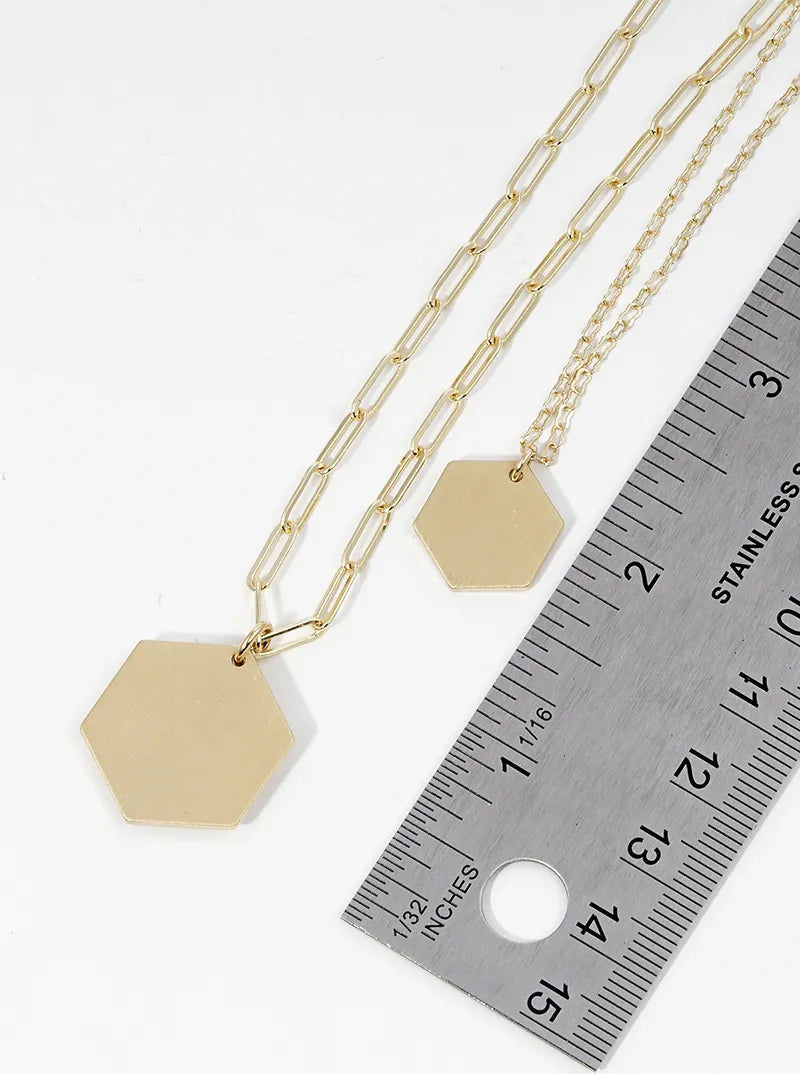 Brushed Metal Double Hexagon Pendant Long Layered Necklace Set With Earrings