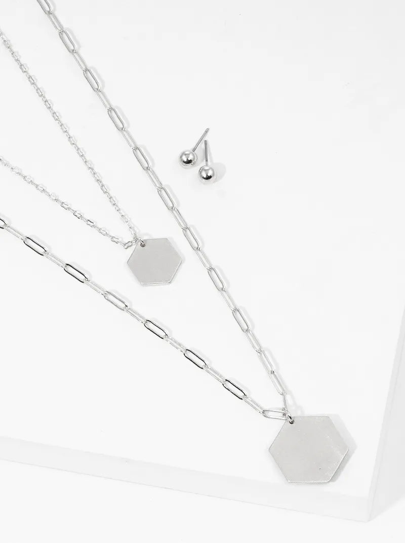 Brushed Metal Double Hexagon Pendant Long Layered Necklace Set With Earrings