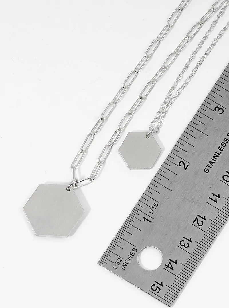 Brushed Metal Double Hexagon Pendant Long Layered Necklace Set With Earrings