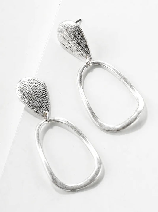 Brushed Metal Double Teardrop Dangle Post Earrings