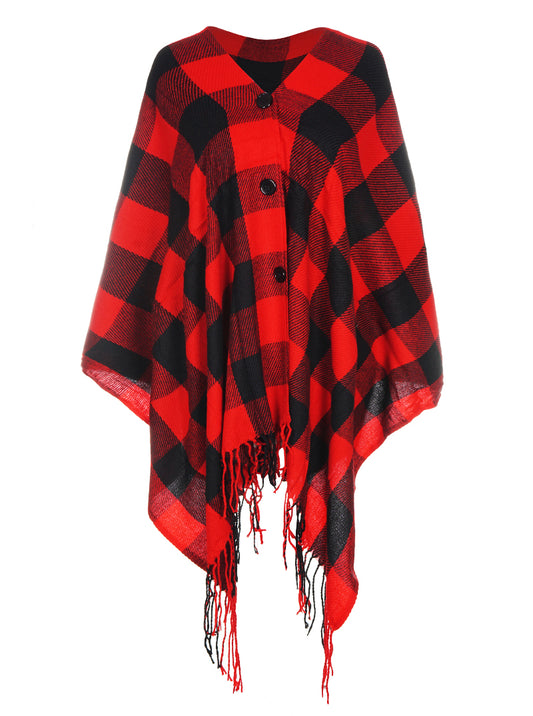 Buffalo Check Wrap Cape Button Closure Poncho Shawl