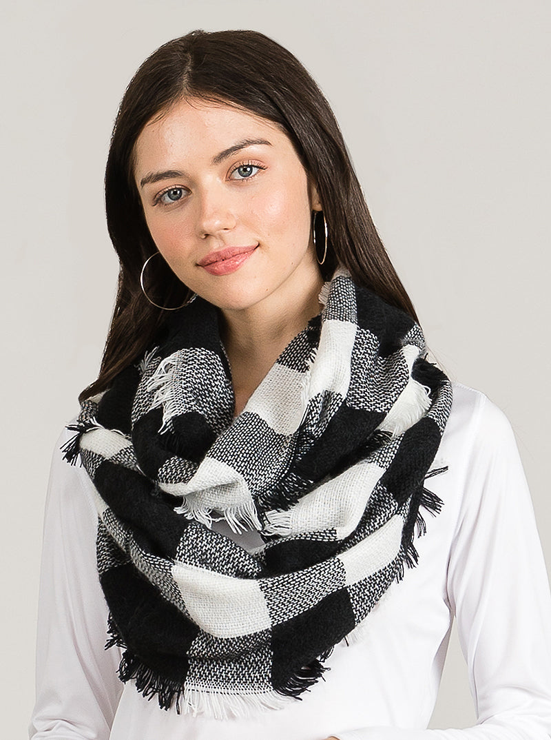 Buffalo Plaid Double Loop Infinity Scarf With Fringe